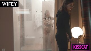 Kisscat Birthday Gift for Cuck Husband: Hot Wifey Fucks Handyman in Hotel in Front Hubby Holds Hand and Hair